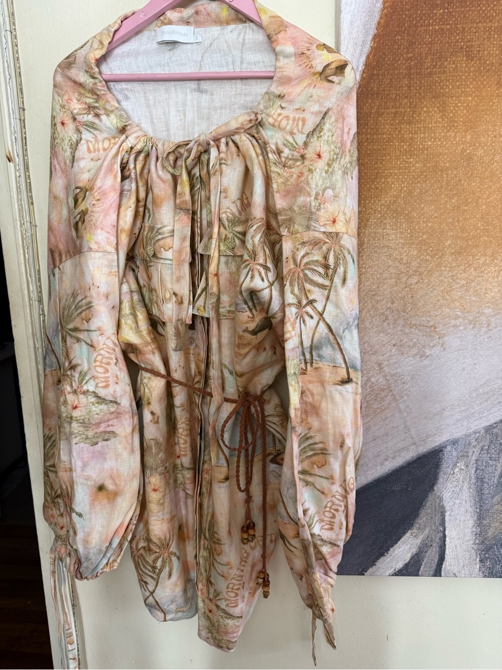 Zimmermann Pastel Peach Tropical Print Tie-Waist Dress